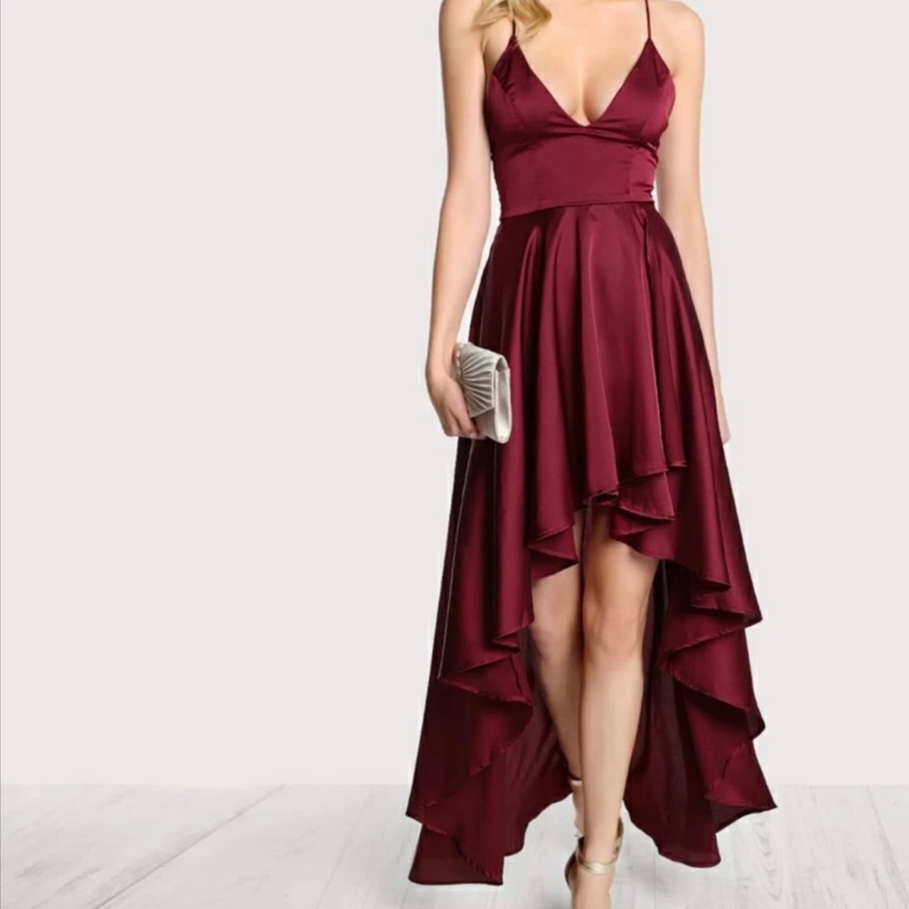 SHEIN Red Satin High-low Crisscross Tie Back Dress